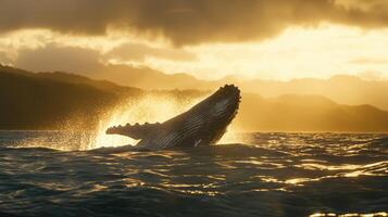 Majestic Whale Breaching in Ocean at Sunset Over Mountain Horizon photo