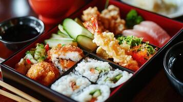 Colorful Bento Box with Rice, Tempura, and Fresh Seafood Arrangements photo