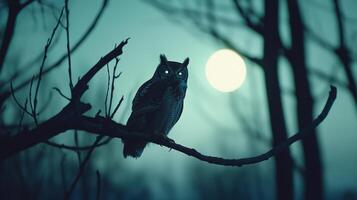Nighttime owl perched on branch forest wildlife moonlit photo