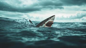 Shark breaching the surface ocean waters wildlife dramatic mood photo