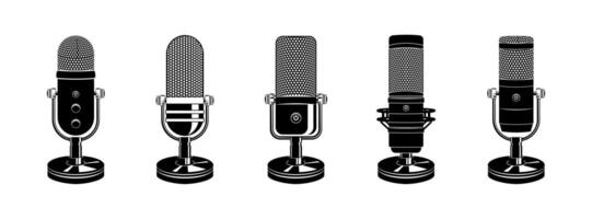 Set of microphone web icon . Flat retro music, studio and radio mic sign collection. Black silhouette design. vector