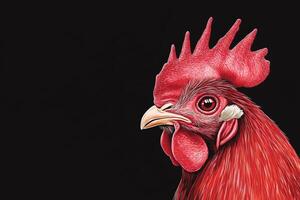 Rooster, showcasing its vibrant red plumage and distinctive features against a dark background photo