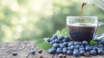 Hot coffee is poured into a clear glass cup placed on a rustic wooden table, accompanied by fresh blueberries and greenery in a bright, inviting atmosphere photo