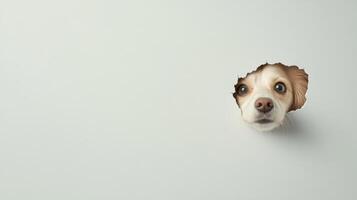 A small dog is curiously peeking through a broken hole in a blank wall, displaying its playful and inquisitive nature in a light and humorous moment photo