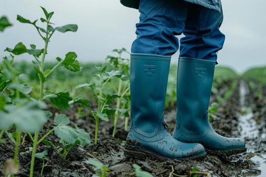 A farmer navigates a muddy field in rain boots, demonstrating resilience and commitment to agriculture in damp weather photo