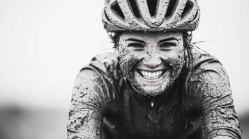 Portrait captures a joyful cyclist smiling amidst mud, showcasing resilience and passion for biking in tough conditions photo
