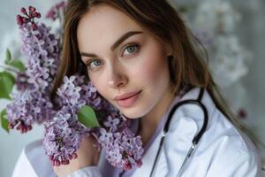 A female doctor smiles gently while holding a bouquet of lilac flowers close, emphasizing her dedication to healing and well-being in healthcare photo