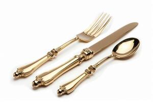 Gold flatware set showcases fine design against a clean white background, perfect for dining photo