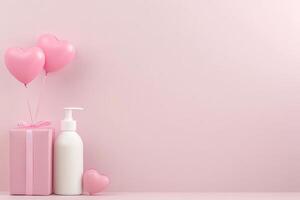A cheerful pink gift box adorned with a bow sits next to a white lotion bottle and two heart-shaped balloons, creating a lively celebration atmosphere photo