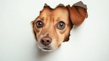A curious dog with brown fur peeks through a large hole in a white wall, displaying surprise with its wide eyes and alert expression photo