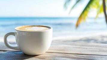 A white mug filled with coffee showcases intricate latte art on a wooden table by the beach. The serene ocean and palm trees create a relaxing atmosphere photo