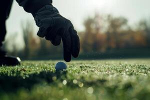 Close-up of a golfer placing a ball on the tee, focused and ready to swing in the morning light photo