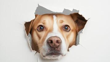 A playful big dog with expressive eyes peeks through a wall hole, adding a delightful touch to its surroundings photo