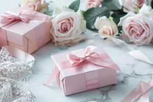 Pink gift boxes adorned with ribbons are arranged with pastel roses on a marble background photo