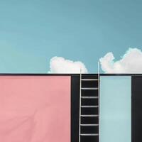 This minimalist artwork showcases a black ladder leaning against pink and blue pastel walls, set against a bright sky with fluffy clouds photo
