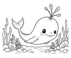 Smiling Whale in Ocean Coloring Page vector