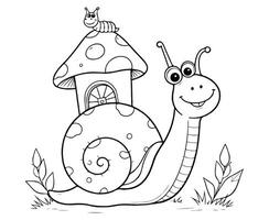 Snail with Mushroom House Coloring Page for kids vector