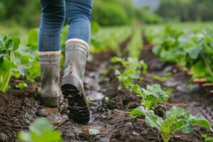 A farmer wearing rain boots walks carefully through a muddy vegetable field, navigating between rows of vibrant green plants photo