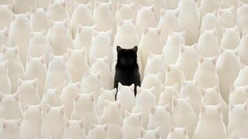 Many white cats gather closely together, all with their backs turned. In the middle, a solitary black cat stands out, creating a unique focal point photo