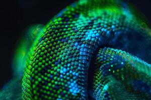 Detailed close-up showing the head and body of an emerald, highlighting the vivid green and blue colors and the unique texture of its scales in natural light photo