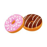 Cartoon donuts with chocolate and strawberry topping Colorful round delicious sweet desserts with marshmallow Flat doughnut illustration Design elements for recipe books, menu design, food blog vector