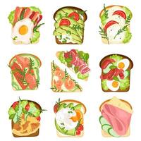 Set of toasts with different healthy ingredients Open sandwich for breakfast or launch with eggs, avocado, salmon, ham, tomato, salad, cucumber. Slices of bread illustration flat style isolated vector