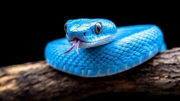 A vibrant blue snake is coiled around a sturdy tree branch, extending its tongue as it surveys its surroundings in a natural habitat photo
