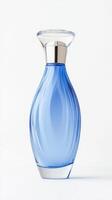 A stylish blue parfum bottle stands upright against a light background, showcasing its sleek curves and modern design, ideal for any fragrance collection photo