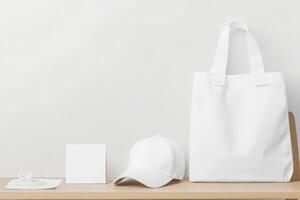 A wooden shelf showcases a white bag, hat, and square notepad, creating a clean and minimalist aesthetic perfect for modern decor photo