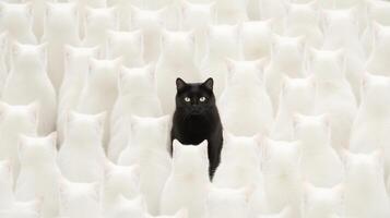 A large group of white cats stands still, all facing the same direction, with one black cat positioned prominently in the center, enhancing the visual impact photo