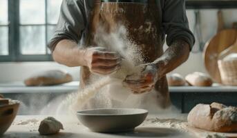 In a cozy kitchen, a man in an apron is skillfully dusting flour on dough while preparing for bread making photo