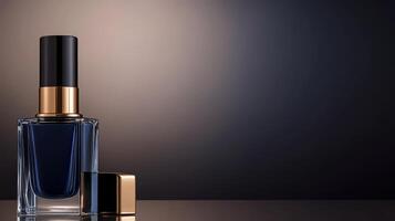 A luxurious beauty product display features a dark nail polish bottle with a shiny gold cap, set against a minimalistic background that enhances its elegance photo