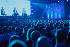 An impressive assembly of people attentively listens to speakers at a conference while colorful lights illuminate the stage photo