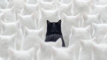 A massive herd of white cats gathers, all facing away, with a single black cat positioned at the center, creating an intriguing focal point photo