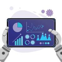Futuristic AI data visualization concept with robotic hands presenting business intelligence interface vector