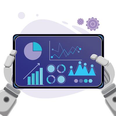 Futuristic AI data visualization concept with robotic hands presenting business intelligence interface