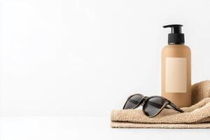 Sunscreen bottle, sunglasses and towel on white background photo