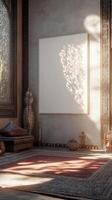 An empty room with a large rug and a large painting photo