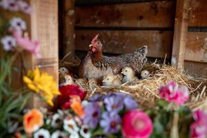 A mother hen sits comfortably in her cozy nest, surrounded by her adorable chicks, while colorful flowers enhance the serene farm setting during daylight photo