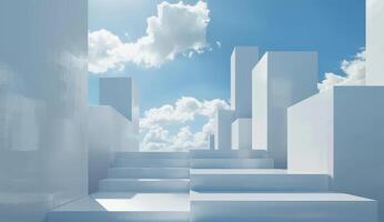 A clean cityscape showcases smooth stairs leading upward beneath a bright sky filled with fluffy clouds, creating a serene atmosphere photo