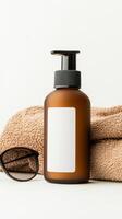 Bottle of body lotion and glasses on white background photo