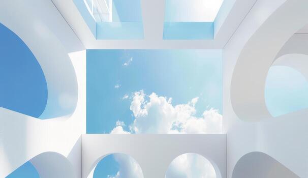 Bright and modern architectural design showcases a white geometric structure against a backdrop of blue skies and clouds, creating tranquility photo