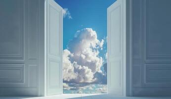 Two open doors reveal a vibrant blue sky with fluffy clouds, creating a sense of depth and openness in an abstract geometric setting photo
