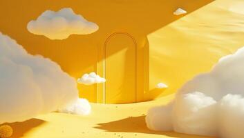 A vibrant yellow backdrop features fluffy cloud shapes surrounding a stylized doorway, evoking themes of imagination and tranquility photo