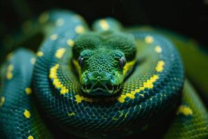 This vibrant snake is coiled in a relaxed stance, highlighting its vivid green and blue hues against a dark backdrop, revealing detailed textures and patterns photo