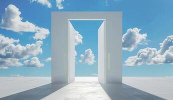 Gleaming white geometric shapes rise against a bright blue sky filled with soft, white clouds, symbolizing freedom and creativity photo