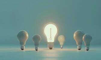 A single glowing bulb illuminates a group of four gray bulbs, creating an inviting atmosphere photo