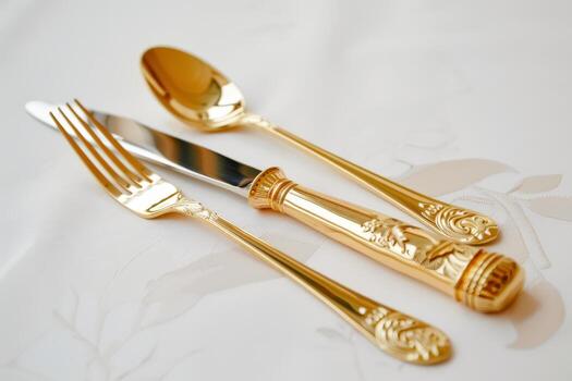Gold flatware arranged stylishly on a white surface, perfect for formal dining settings photo