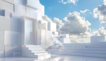 Bright blue sky filled with fluffy clouds serves as the backdrop for a striking white modern cityscape with distinct geometric shapes and stairs photo