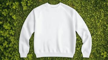 White sweatshirt mockup on grass photo